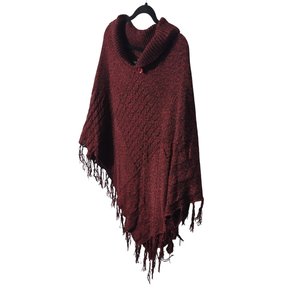Red Burgundy Knitted Fringe Poncho Sweater One Size Plus - Picture 3 of 6